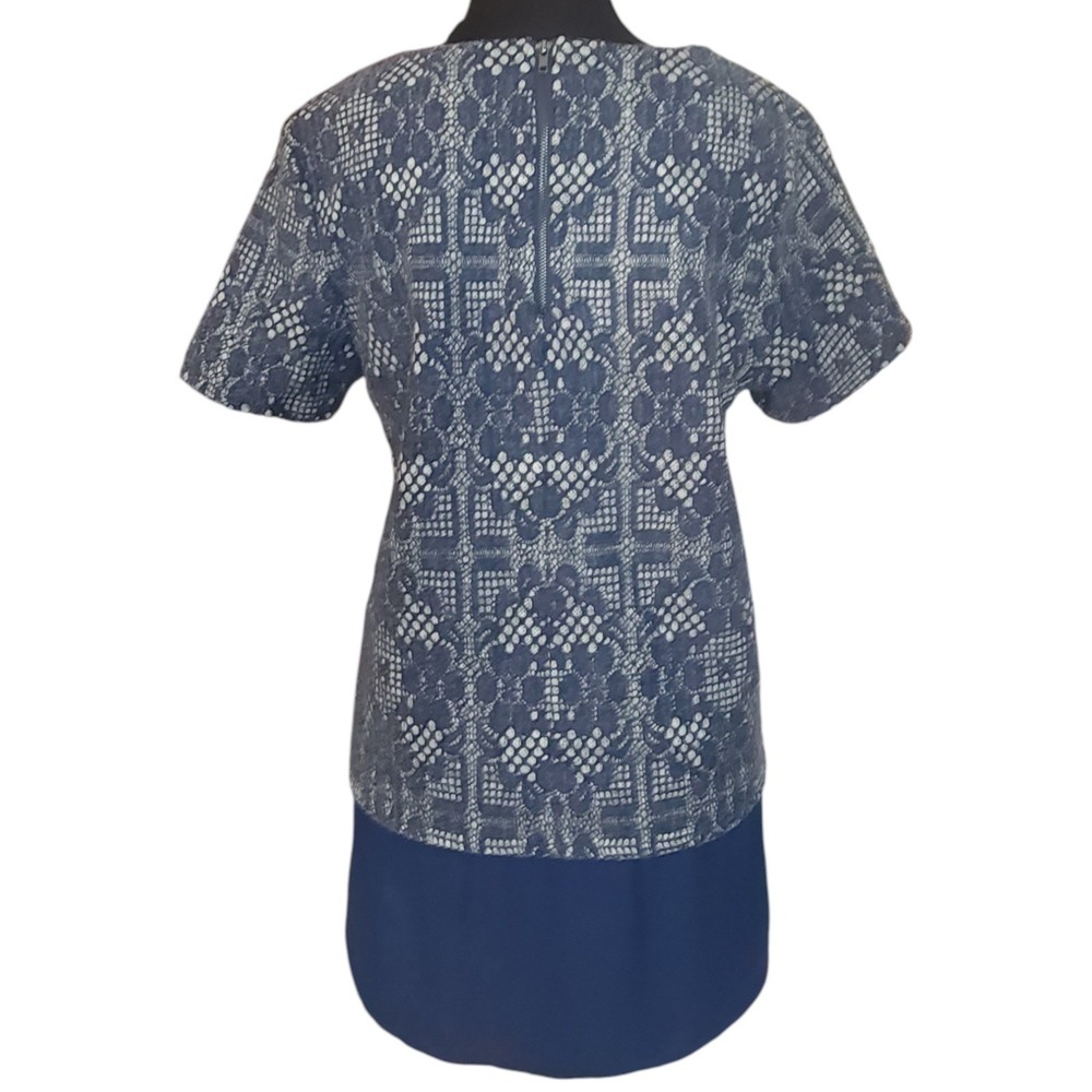 PLEIONE Blue & White Blouse Artisanal Lace Overlay‎ Mixed Media Top Size Small - Picture 4 of 8